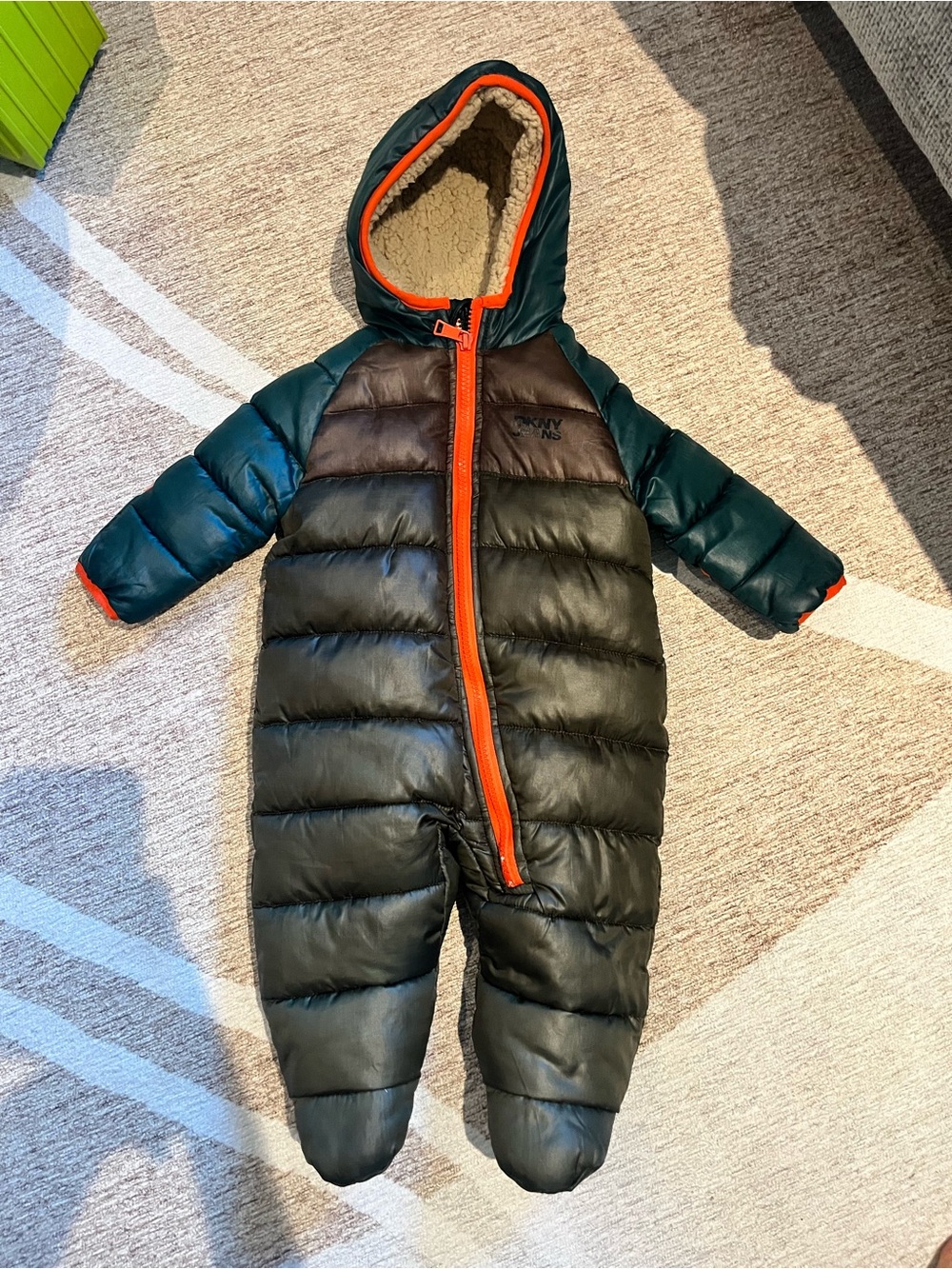6-9 month Hooded Snowsuit with Orange Trim